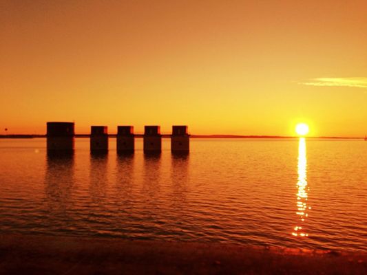 sunset at Lake Murray Dam by Dawn Strawbridge