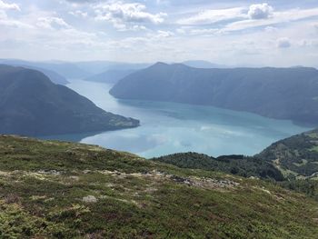 Scenic view of landscape and mountains against sky