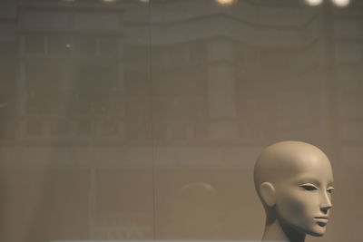 Close-up of mannequin against glass in shop