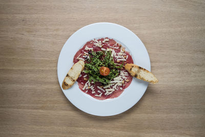 High angle view of meal served in bowl