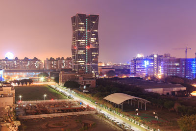 High angle shot of illuminated buildings