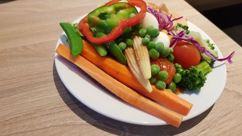 High angle view of salad in plate on table