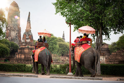 Tourists riding elephant at historic building