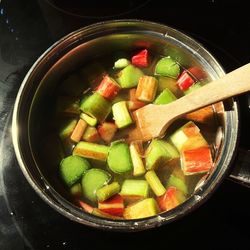 High angle view of chopped vegetables in bowl