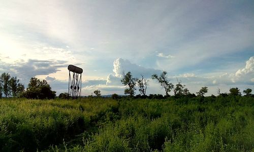 Scenic view of grassy field against cloudy sky