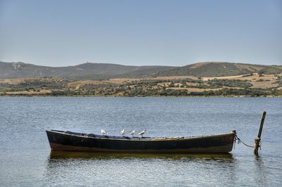 Boats moored on lake against clear sky