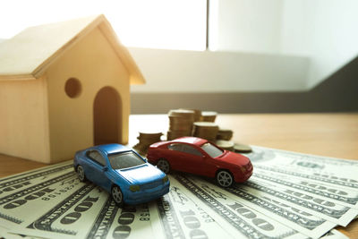 Close-up of toy car on table at home