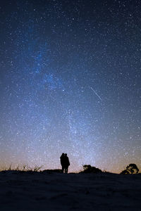 Silhouette person standing on field against sky at night