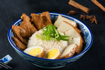 High angle view of food in bowl on table