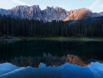 Reflection of trees in lake against sky