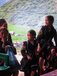 High angle view of people sitting in park