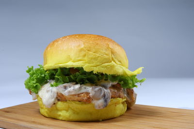 Close-up of burger on table