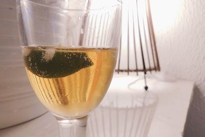 Close-up of beer in glass on table