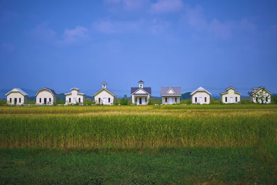 Houses on field against blue sky