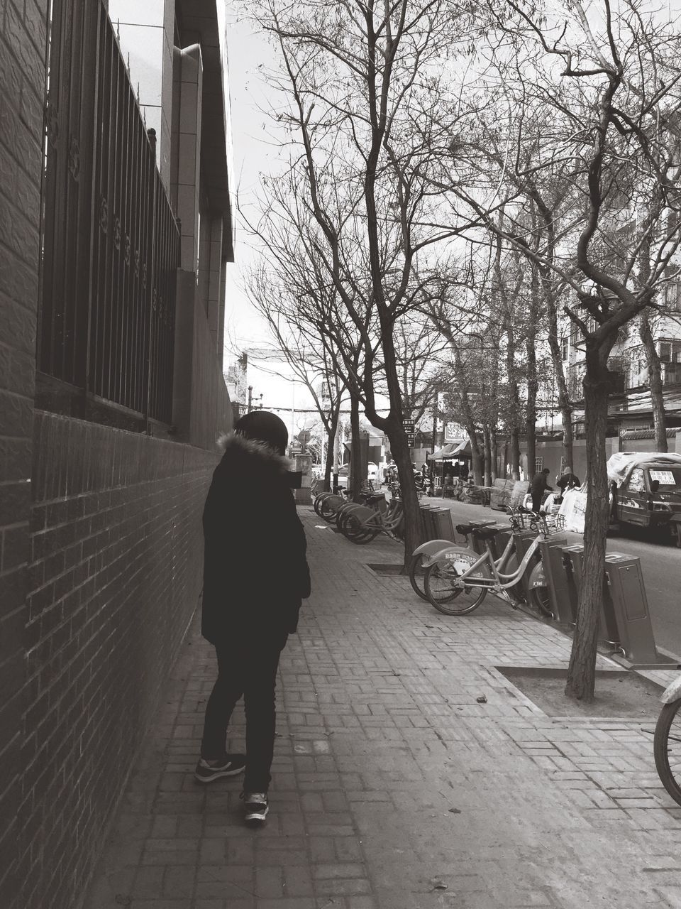 full length, walking, architecture, rear view, building exterior, lifestyles, built structure, men, street, city, bicycle, person, leisure activity, the way forward, sidewalk, tree, footpath, city life