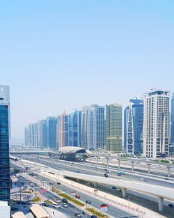 View of city buildings against clear sky