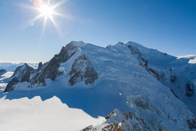 Scenic view of snow covered mountains against sky