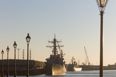 View of harbor against clear sky