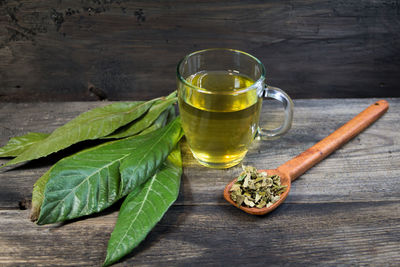 Tea cup and leaves on table