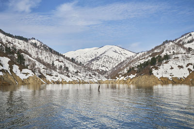 Scenic view of snowcapped mountain by lake