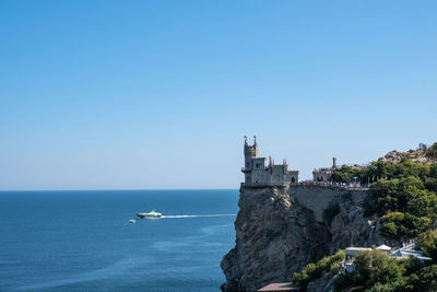 Scenic view of sea against clear blue sky