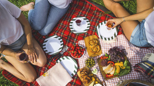 Sumer picnic with berries, buns and flowers for three girls 