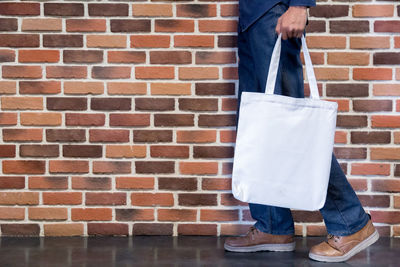 Low section of man standing on brick wall