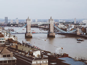 Bridge over river with city in background