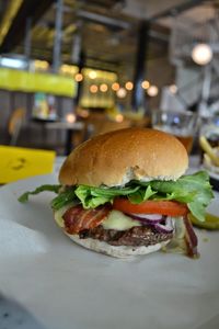 Close-up of burger on table