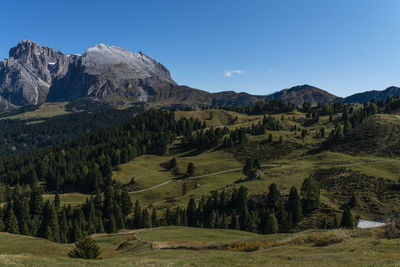 Scenic view of landscape and mountains against clear blue sky