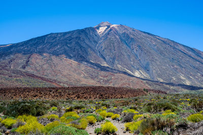 Scenic view of mountains against clear blue sky