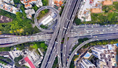 High angle view of road amidst buildings in city