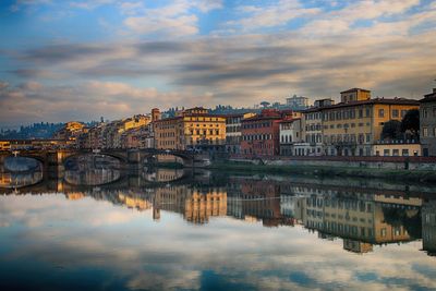 Bridge over river by buildings against sky during sunset