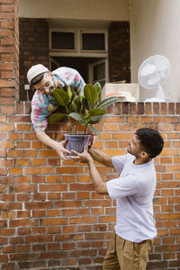 Side view of man passing potted plant to boyfriend over brick wall