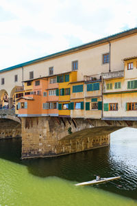 Canal by buildings in city against sky