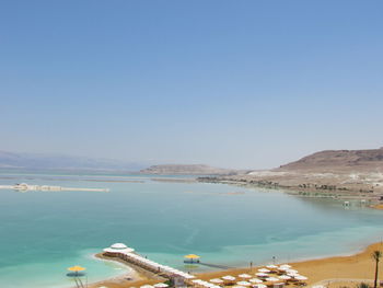 Scenic view of sea against clear blue sky