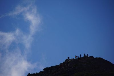 Low angle view of people against blue sky