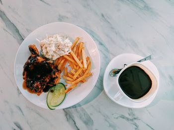 High angle view of breakfast served on table