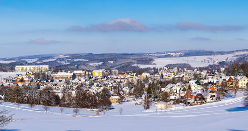 High angle view of townscape against sky