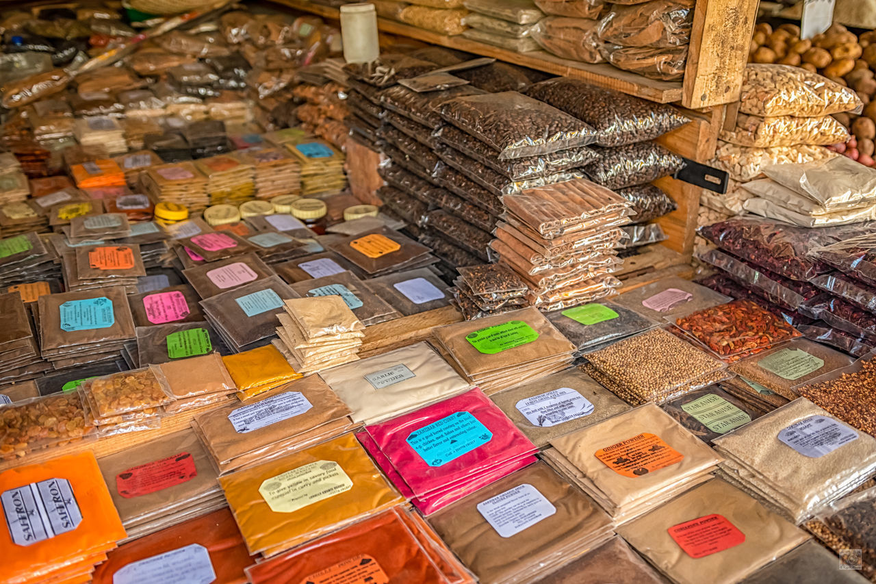 HIGH ANGLE VIEW OF MULTI COLORED STORE FOR SALE IN MARKET STALL