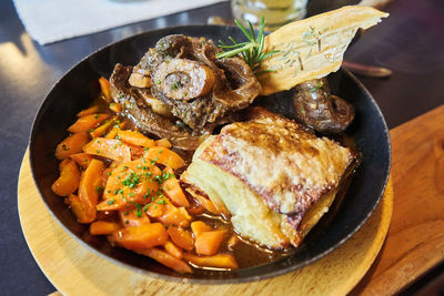 High angle view of food in plate on table