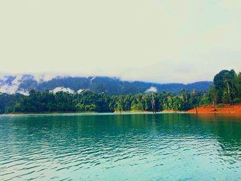 Scenic view of lake by trees against sky