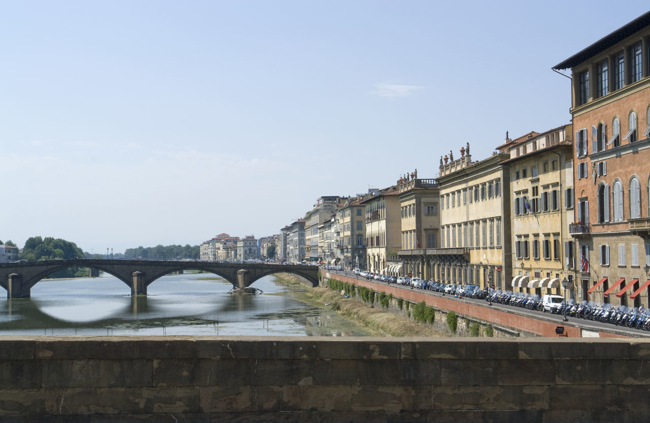 BRIDGE OVER RIVER BY BUILDINGS AGAINST SKY