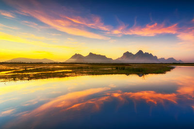 Scenic view of lake against sky during sunset