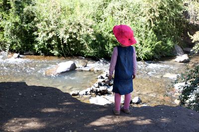 Rear view of woman standing on rock by water