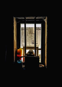 Rear view of woman sitting on window