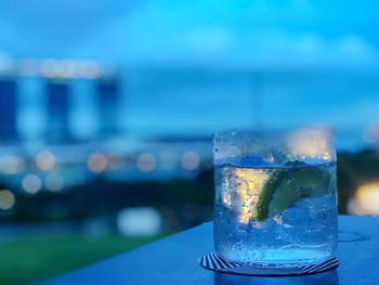 Close-up of ice glass on table