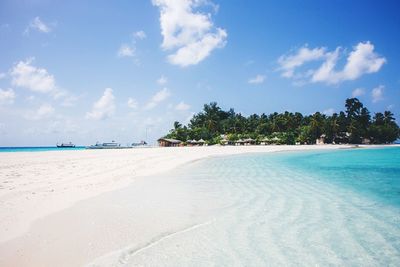 Scenic view of beach against blue sky