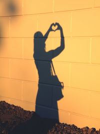 Shadow of woman forming heart on tiled wall