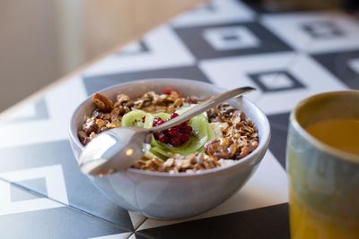 Close-up of breakfast served on table